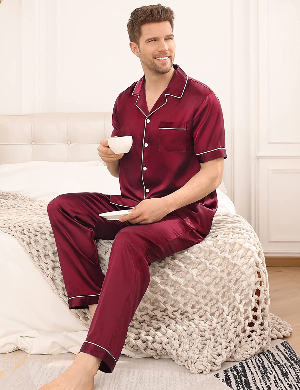 SWOMOG Men's Silk Satin Pajama Set Short Sleeve Classic Sleepwear Button Down Loungewear with Long Pants - Image 5